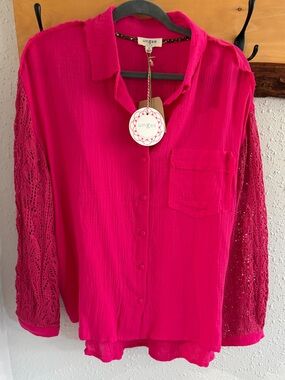 Umgee Pink cotton/crochet Button Up Long Sleeve top